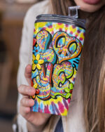 Front view of the hippie peace love flowers tumbler showcasing vibrant tie-dye colors and playful flower designs.