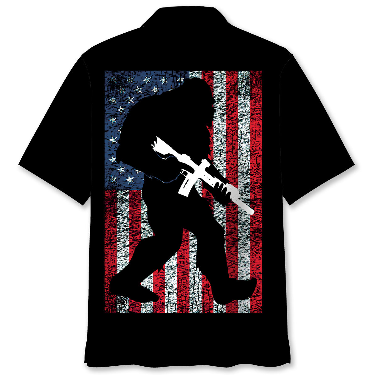 Bigfoot Silhouette American Flag Hawaiian Shirt Close-up detail of the bigfoot silhouette American flag Hawaiian shirt, emphasizing texture and vibrant colors.