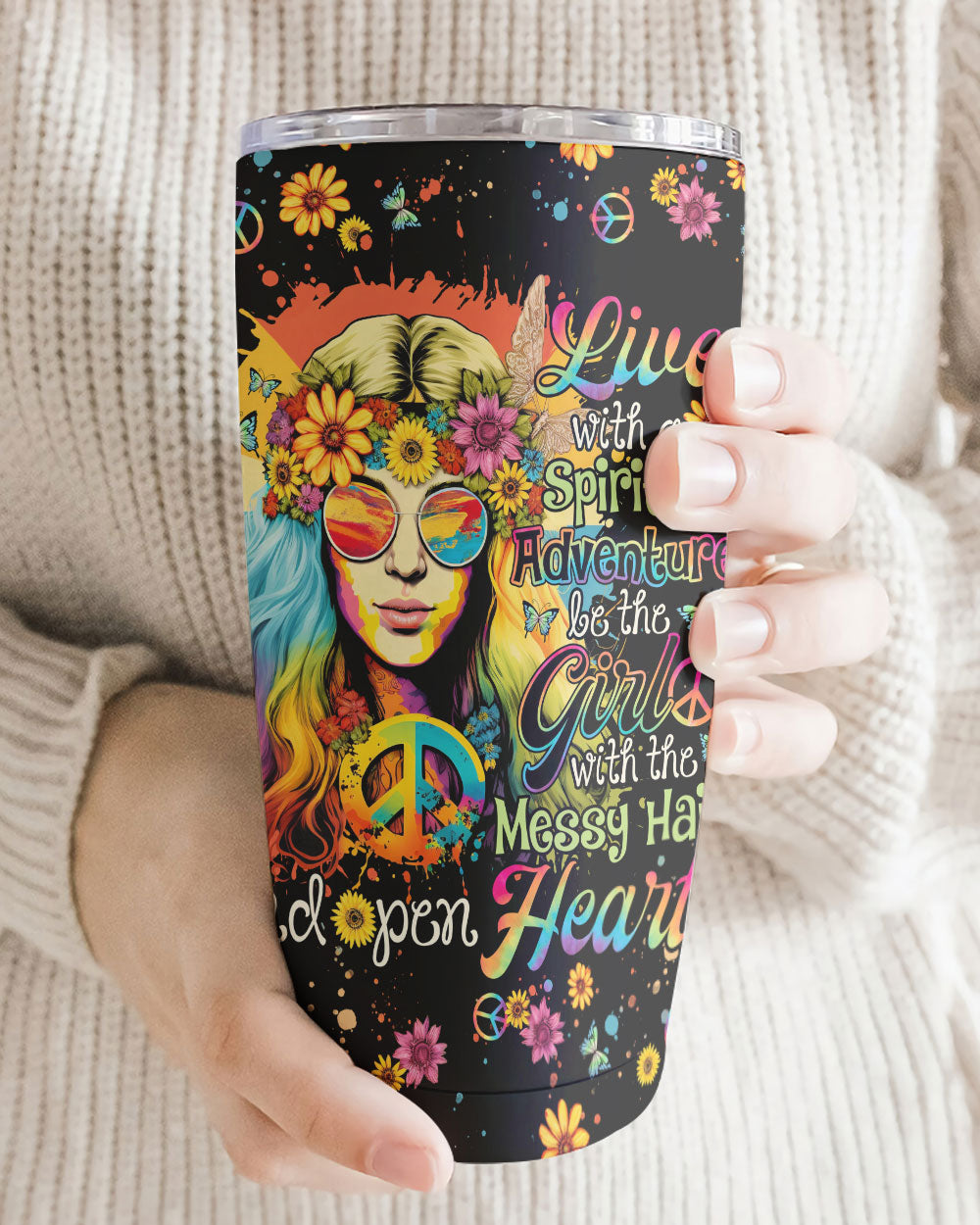 Live with a Spirit Tie Dye Insulated Tumbler Side view of the live with a spirit tumbler, showcasing its 20oz size and eye-catching design for stylish hydration.