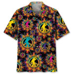 Front view of a psychedelic bigfoot peace Hawaiian shirt showcasing vibrant colors and bold designs.