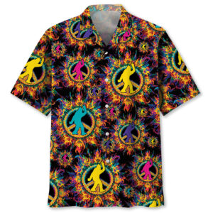 Front view of a psychedelic bigfoot peace Hawaiian shirt showcasing vibrant colors and bold designs.