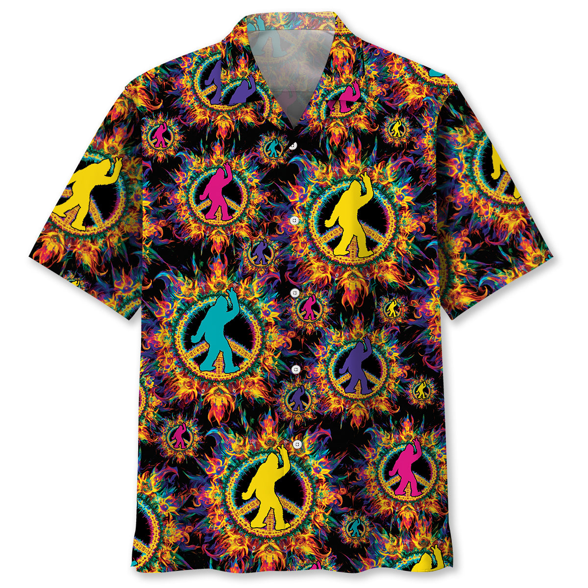 Psychedelic Bigfoot Peace Hawaiian Shirt Front view of a psychedelic bigfoot peace Hawaiian shirt showcasing vibrant colors and bold designs.