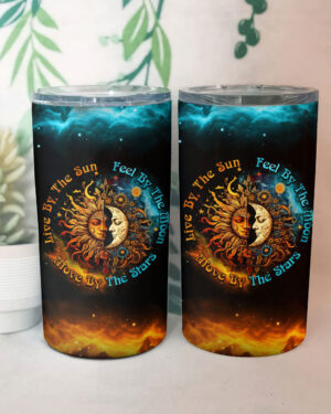 Front view of the Live By the Sun tumbler featuring a vibrant celestial design in dark tones.