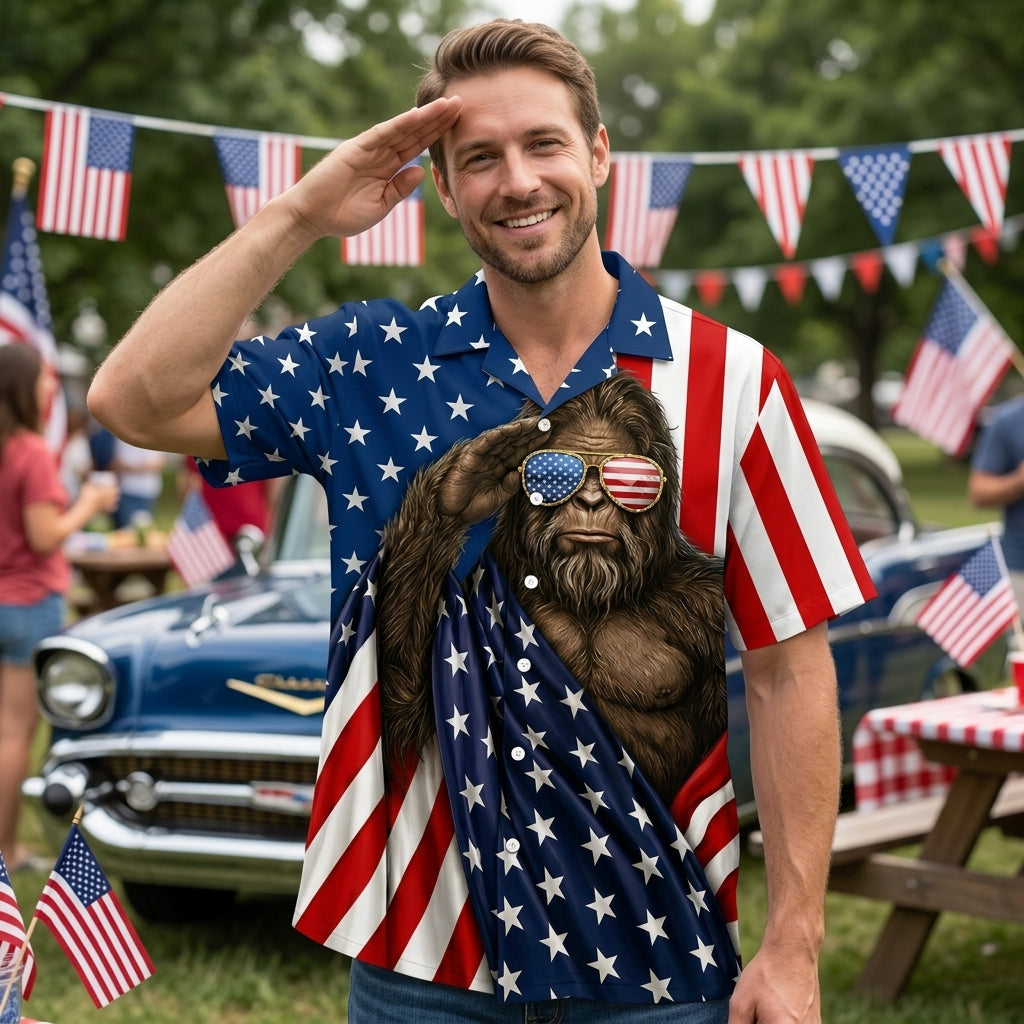 Bigfoot Patriotic Salute Hawaiian Shirt Lifestyle image of a person wearing the Bigfoot patriotic salute Hawaiian shirt at a summer barbecue.