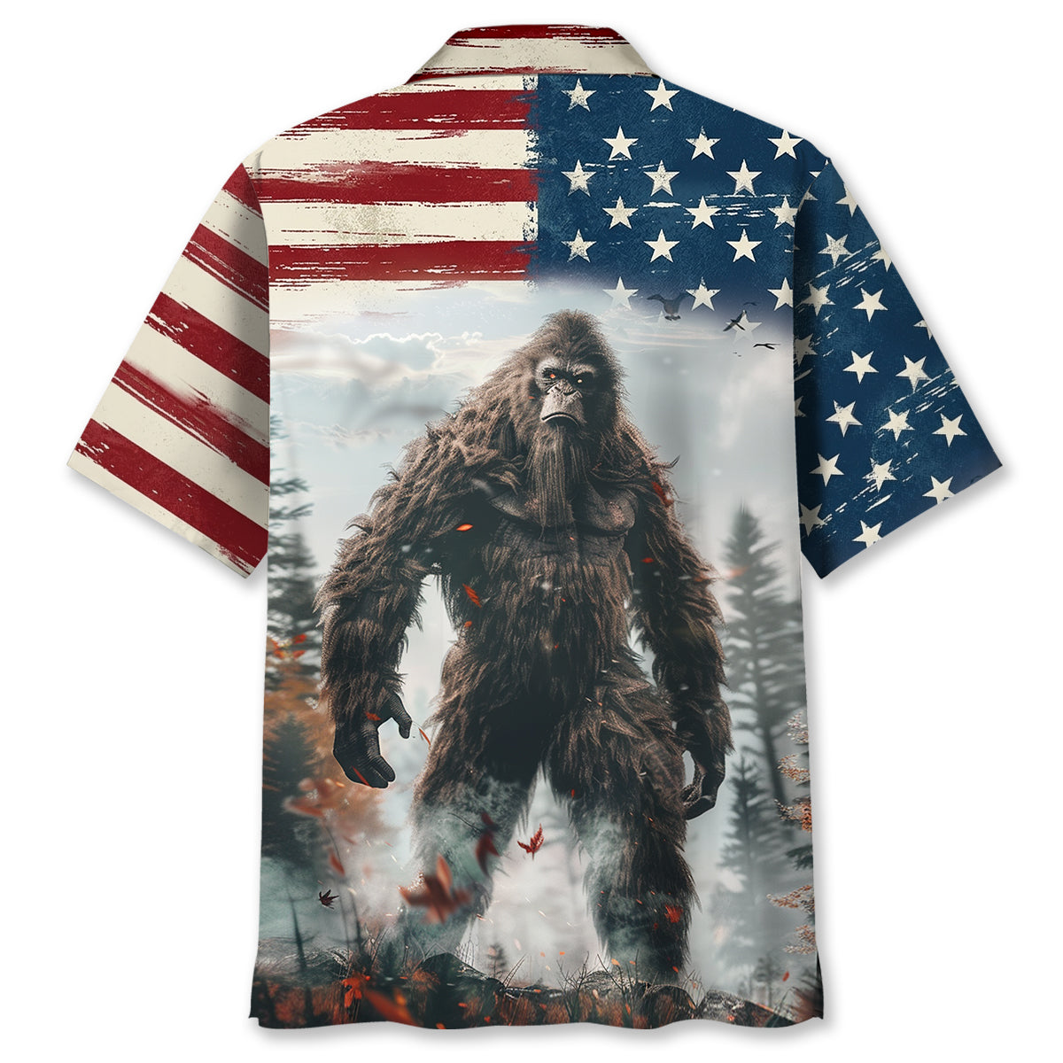 Bigfoot American Wilderness Legend Hawaiian Shirt Close-up detail of the Bigfoot American Wilderness Legend shirt highlighting the vibrant colors and intricate design elements