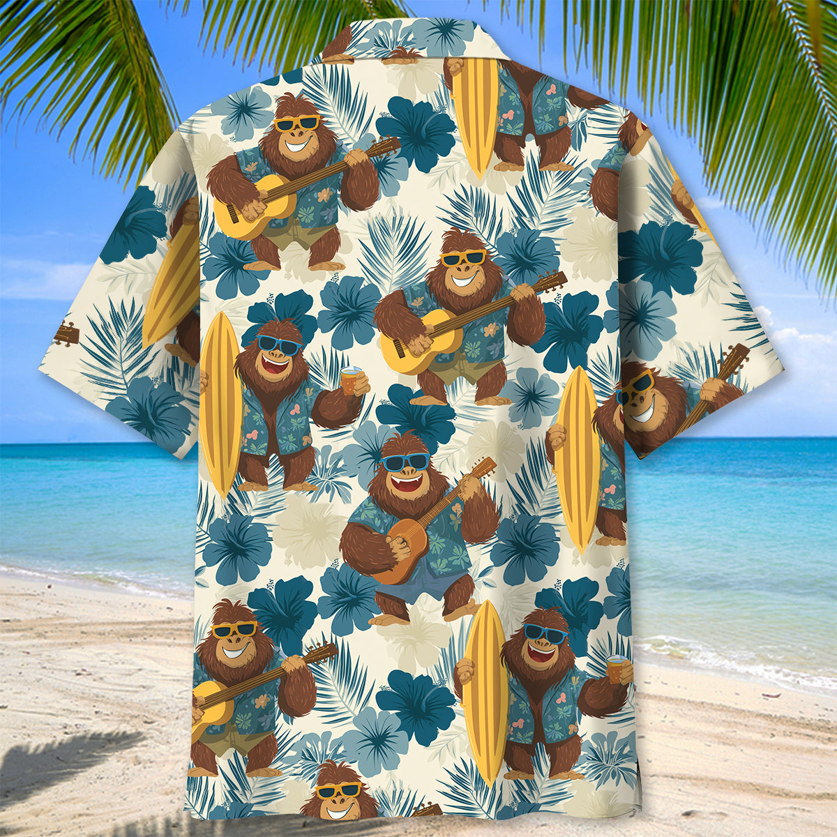Aloha Bigfoot Holiday Hawaiian Shirt Lifestyle shot of a model wearing the Aloha Bigfoot Holiday shirt on a beach, enjoying the sunny vibe.