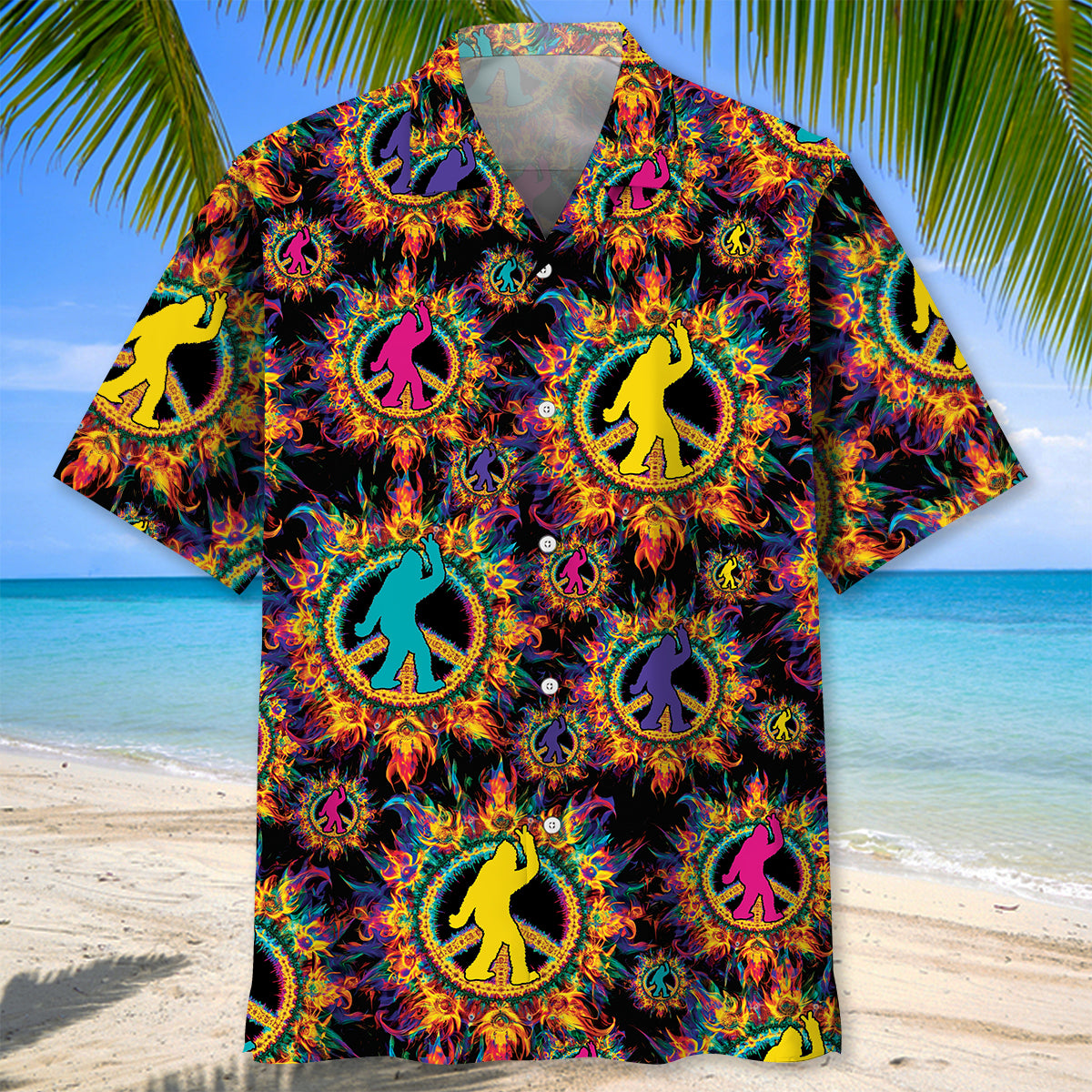 Psychedelic Bigfoot Peace Hawaiian Shirt Close-up detail of the psychedelic bigfoot peace Hawaiian shirt highlighting intricate patterns and bright hues.