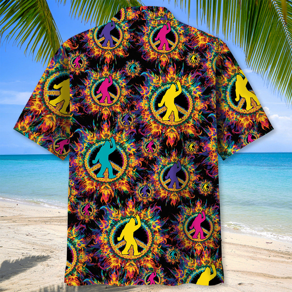 Psychedelic Bigfoot Peace Hawaiian Shirt Lifestyle shot of the psychedelic bigfoot peace Hawaiian shirt worn at a beach, capturing a fun and relaxed vibe.