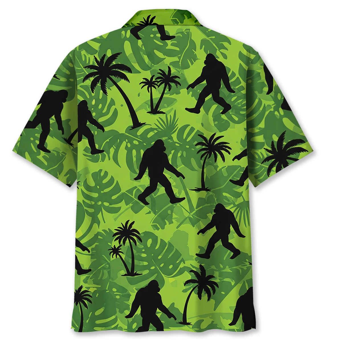 Tropical Bigfoot Hawaiian Shirt Lifestyle image of a person wearing the tropical bigfoot Hawaiian shirt at the beach, enjoying a sunny day.