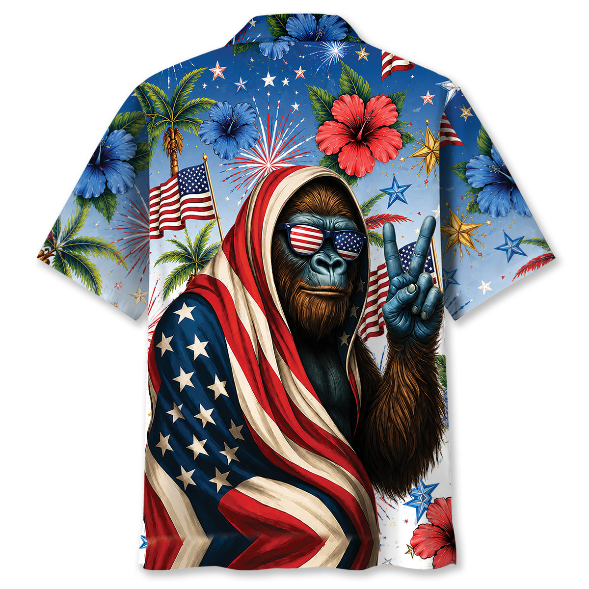 Patriotic Bigfoot 4th of July Hawaiian Shirt Close-up of the patriotic Bigfoot 4th of July shirt's detailed graphic, showcasing the unique Bigfoot design.