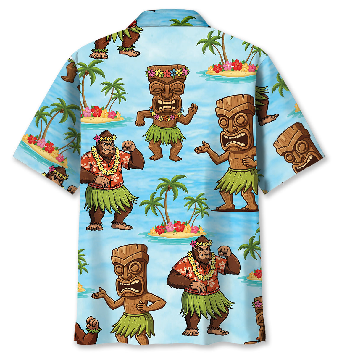 Hula Bigfoot Tiki Dancing Hawaiian Shirt Close-up detail of the fabric on the hula bigfoot tiki Hawaiian shirt, highlighting its unique print and vibrant colors.