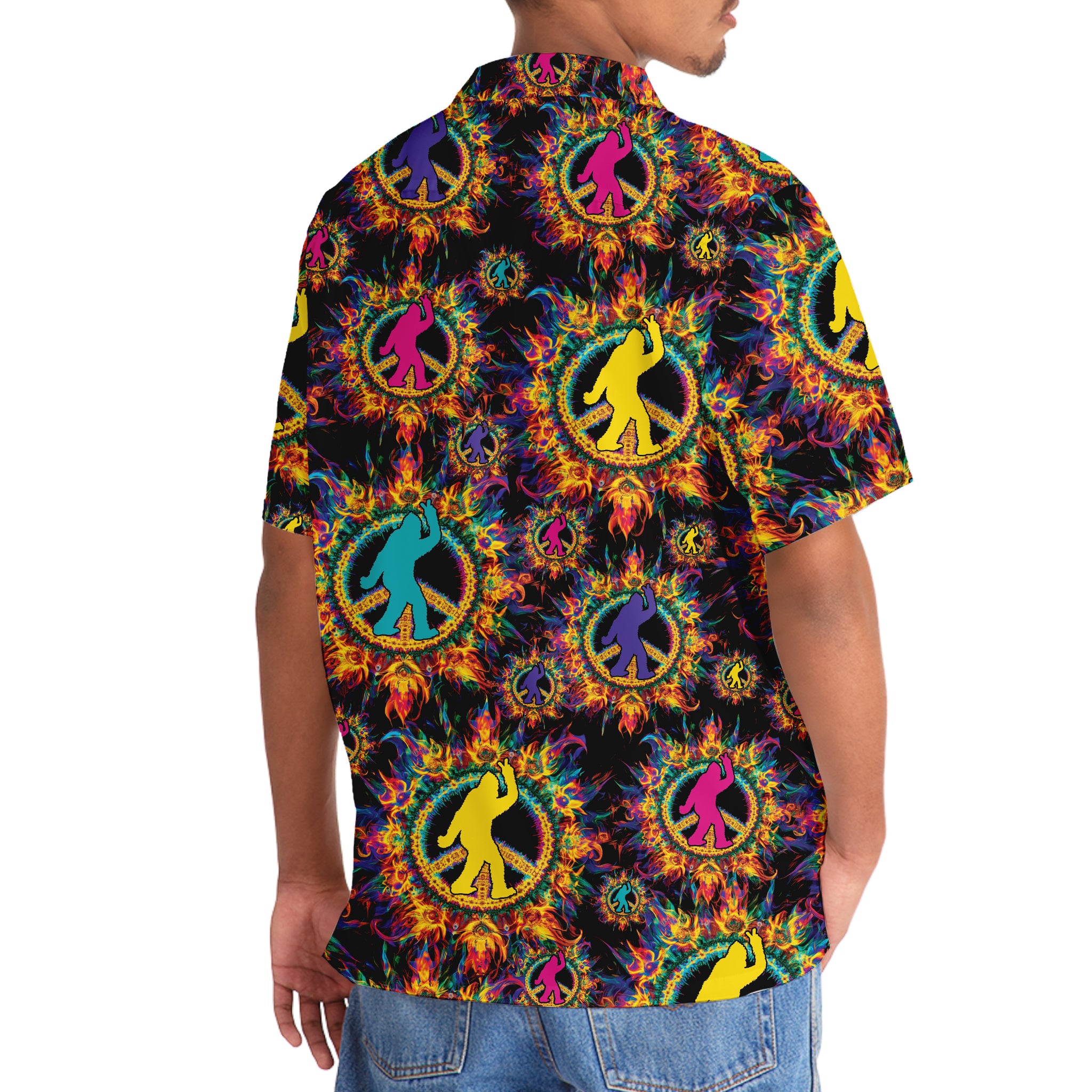 Psychedelic Bigfoot Peace Hawaiian Shirt Side view of the psychedelic bigfoot peace Hawaiian shirt, emphasizing its unique cut and vibrant, eye-catching colors.