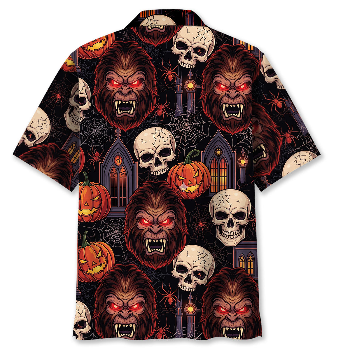 Skull and Sasquatch Horror Mix Hawaiian Shirt Close-up detail of the fabric on the skull and sasquatch horror mix Hawaiian shirt highlighting vivid colors.