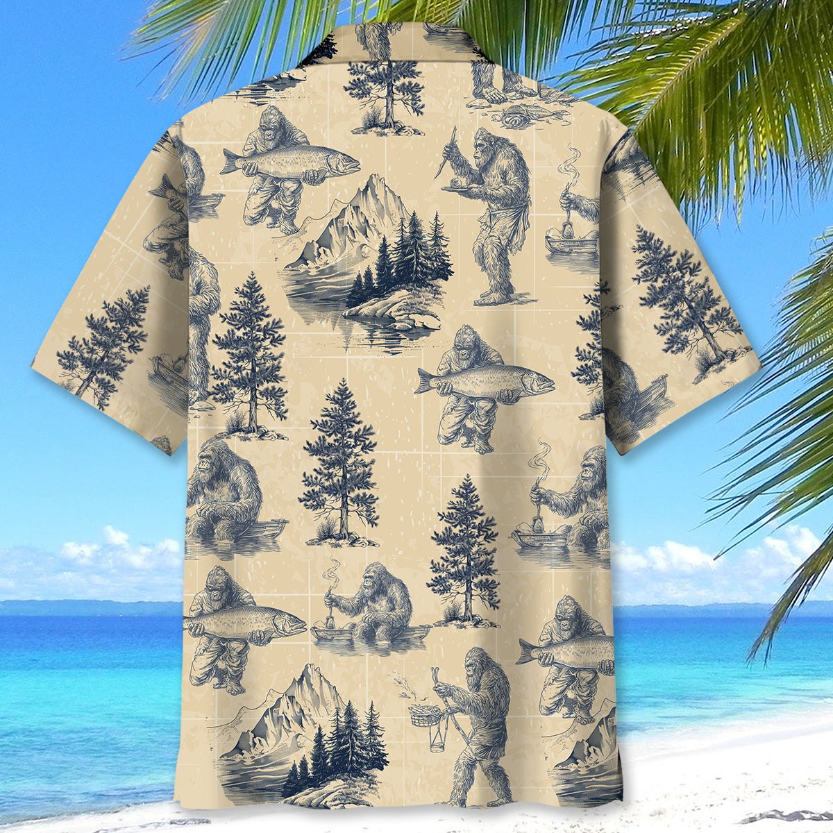 Bigfoot Go Fishing Hawaiian Shirt Lifestyle shot of the Bigfoot Go Fishing Hawaiian shirt worn at a beach, emphasizing its casual style and fun design.