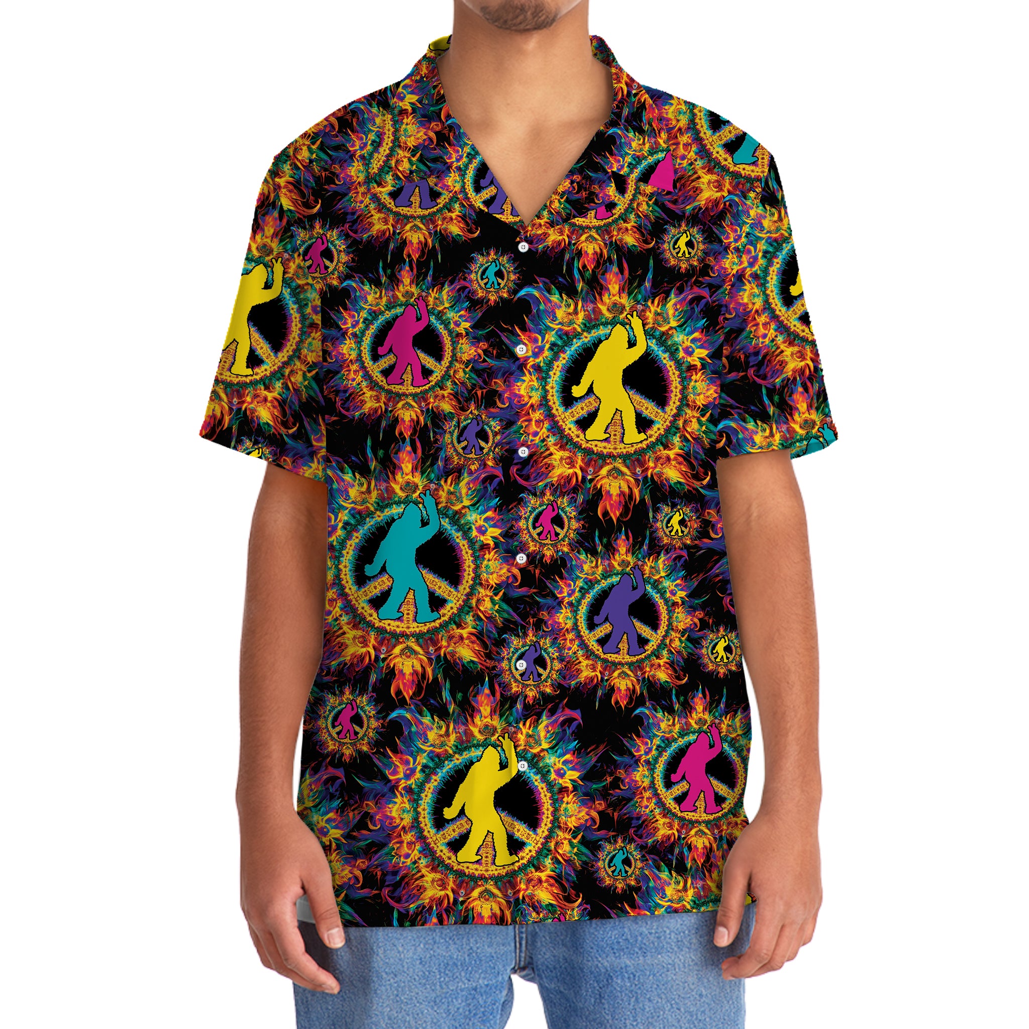 Psychedelic Bigfoot Peace Hawaiian Shirt Flat lay of the psychedelic bigfoot peace Hawaiian shirt, displaying its colorful design against a contrasting background.