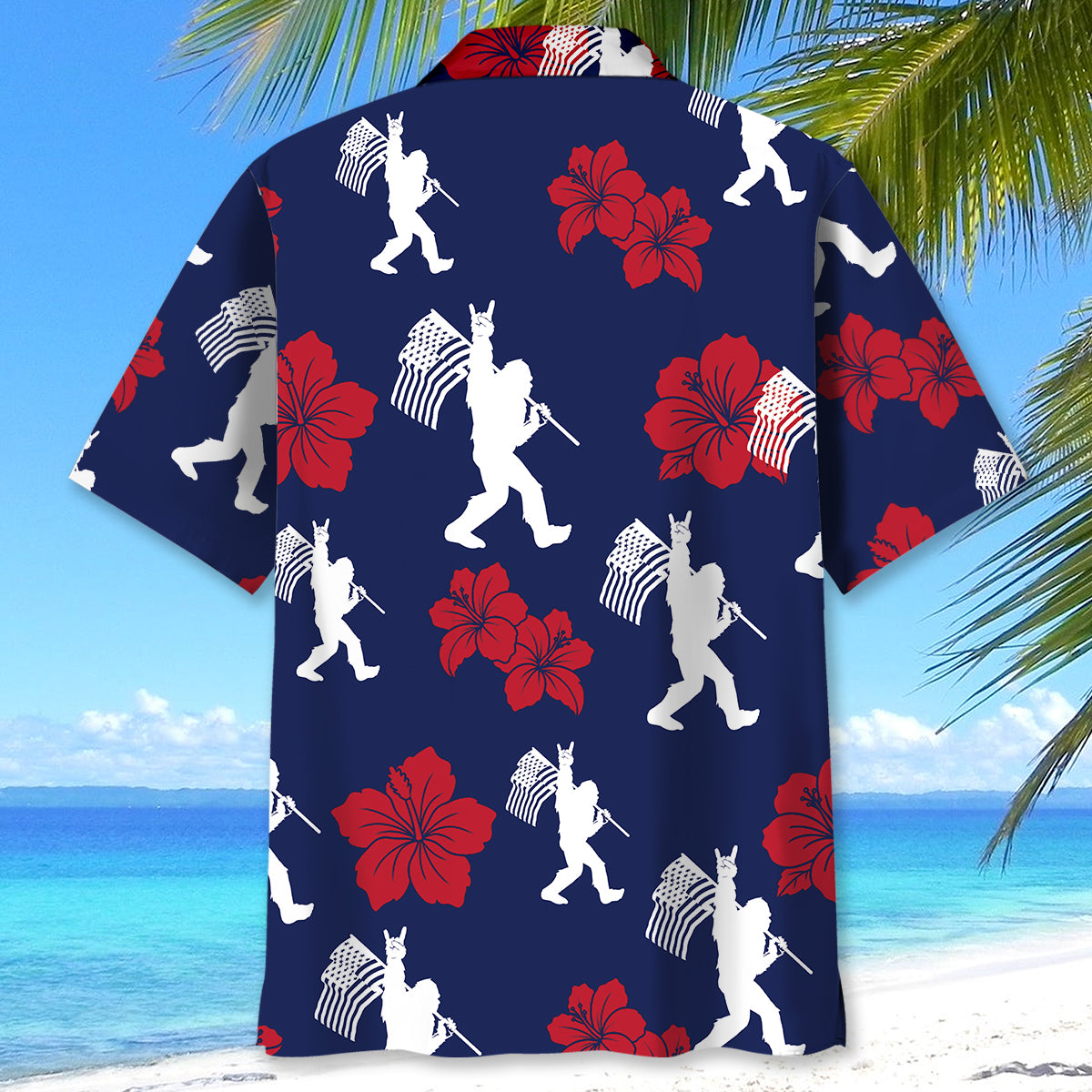 Patriotic Bigfoot USA Flag Color Hawaiian Shirt Lifestyle shot of a person wearing the patriotic bigfoot USA flag color Hawaiian shirt at a summer barbecue.