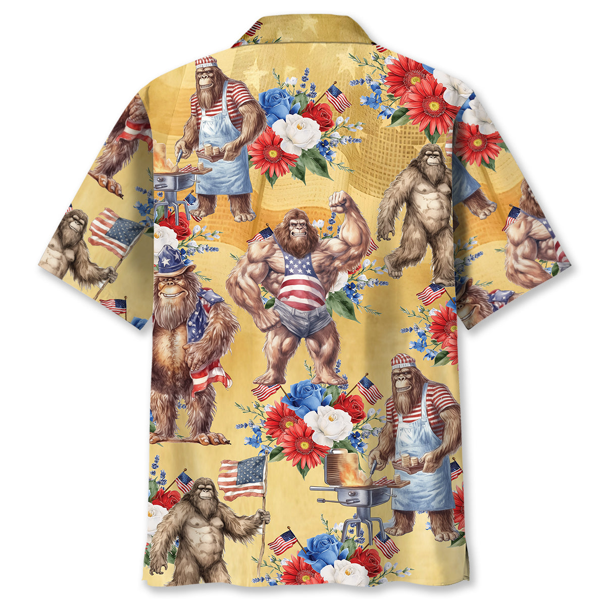Vintage Bigfoot Patriotic Floral Hawaiian Shirt Lifestyle image of a person wearing the vintage bigfoot patriotic floral Hawaiian shirt at a summer barbecue.