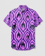 Front view of funny cat pattern button-down shirt in vibrant purple with playful cat designs.