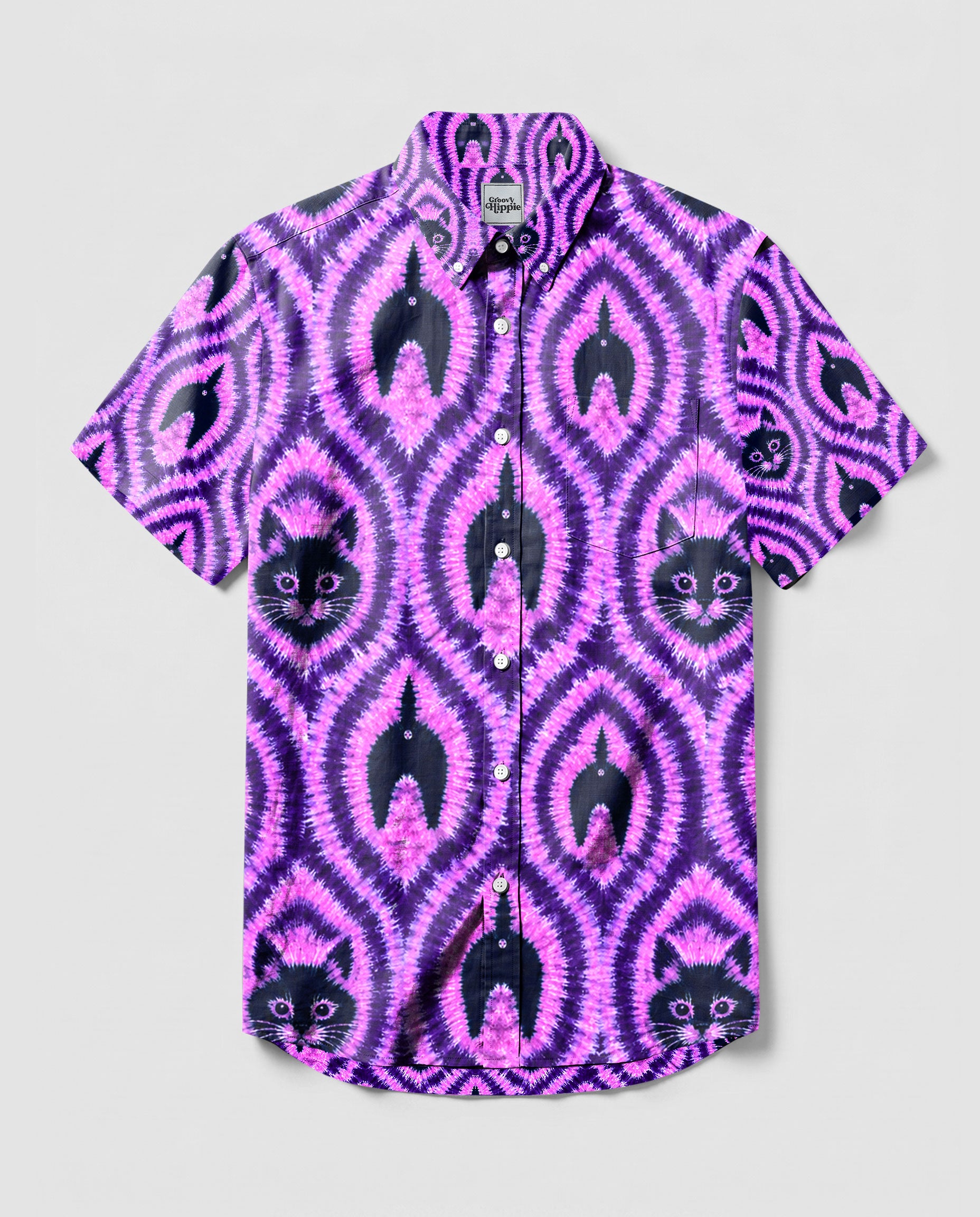 Funny Cat Pattern Button-Down Collar Shirt Front view of funny cat pattern button-down shirt in vibrant purple with playful cat designs.