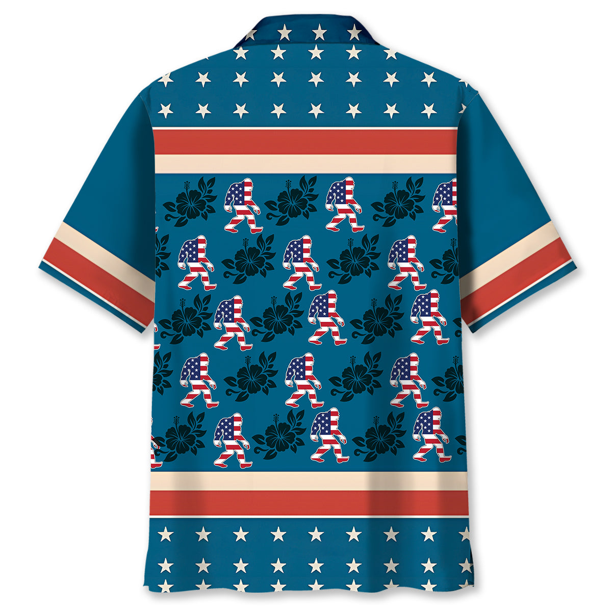 Bigfoot Patriot Hibiscus Hawaiian Shirt Side angle of the Bigfoot Patriot Hibiscus Hawaiian shirt displaying its relaxed fit and short sleeves.