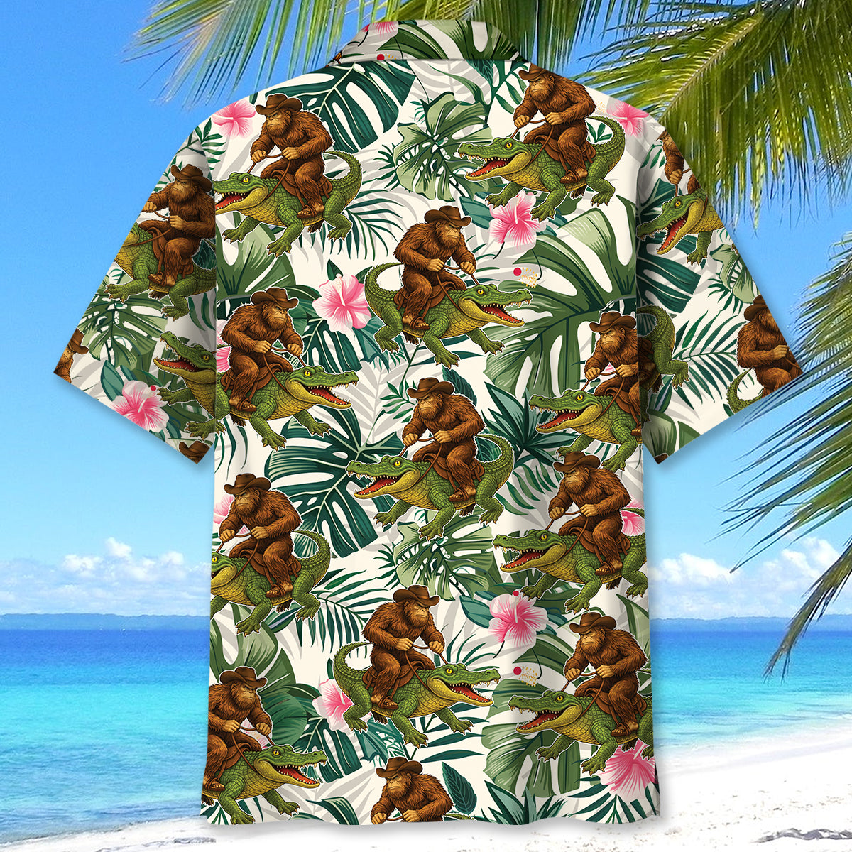 Bigfoot Green Cowboy with Crocodile Tropical Hawaiian Shirt Bigfoot Green Cowboy with Crocodile Tropical Hawaiian Shirt - Image 4