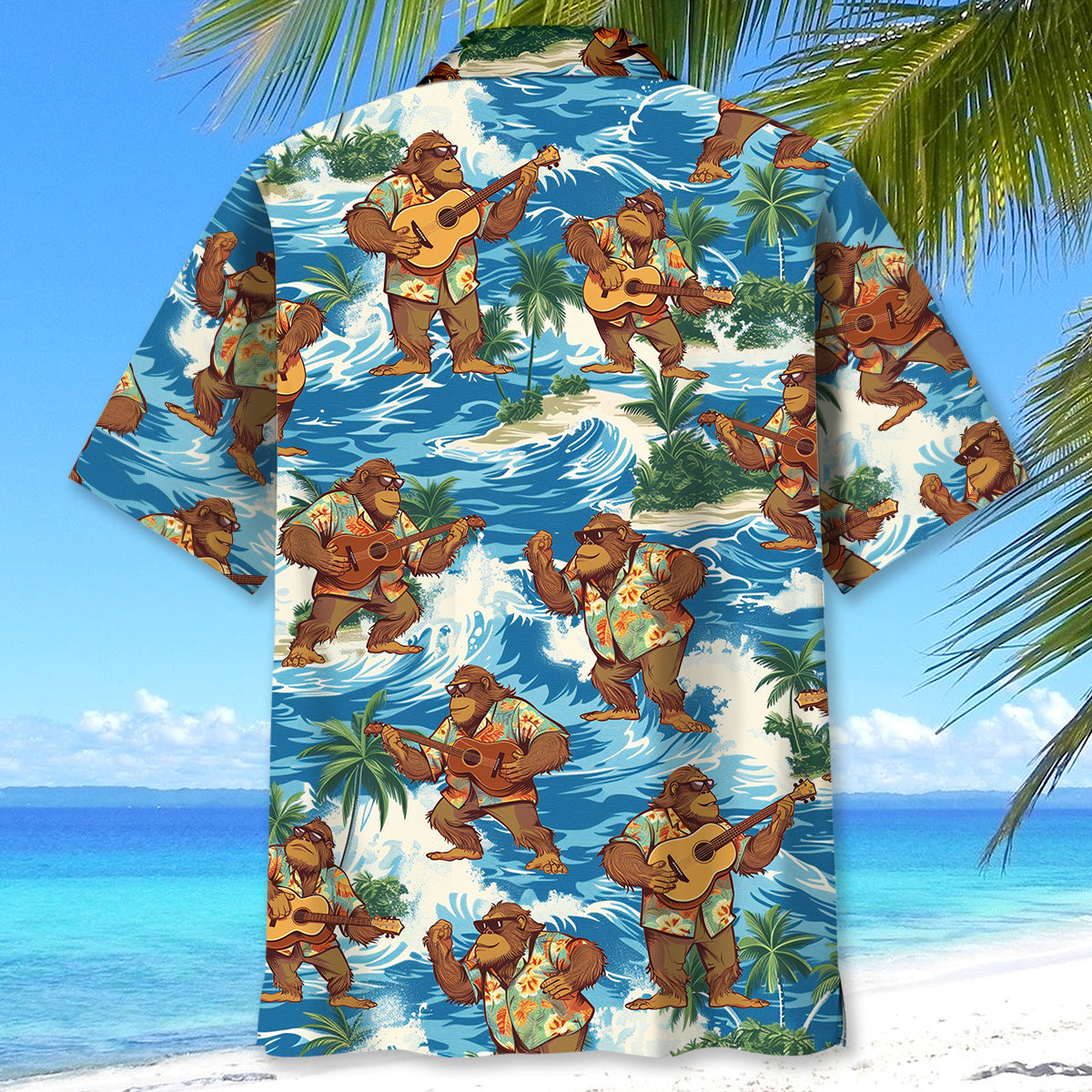 Funny Bigfoot Play Ukulele Hawaiian Shirt Lifestyle shot of a person wearing the funny bigfoot play ukulele Hawaiian shirt at a beach party.