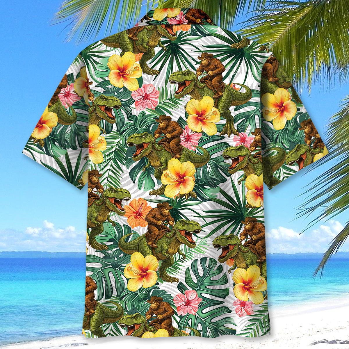 Bigfoot Green Cowboy with Dinosaur Tropical Hawaiian Shirt Bigfoot Green Cowboy with Dinosaur Tropical Hawaiian Shirt - Image 4