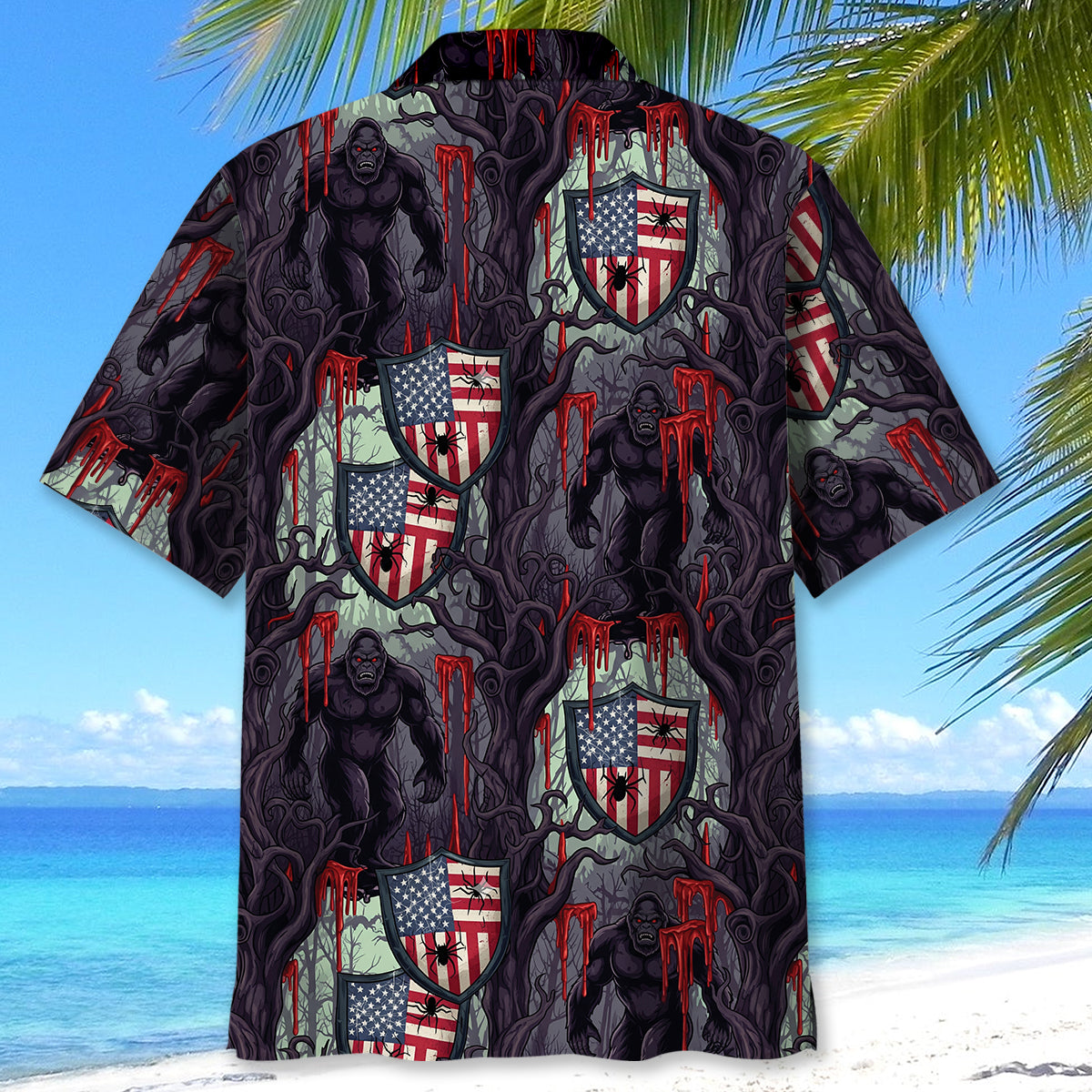 Bigfoot Dark Forest Horror Hawaiian Shirt Lifestyle shot of a model wearing the Bigfoot Dark Forest horror Hawaiian shirt in a forest setting, enhancing its theme.