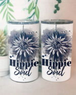 Front view of the Hippie Soul sunflower tumbler featuring a peace symbol design and vibrant colors.