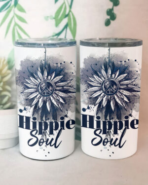 Front view of the Hippie Soul sunflower tumbler featuring a peace symbol design and vibrant colors.