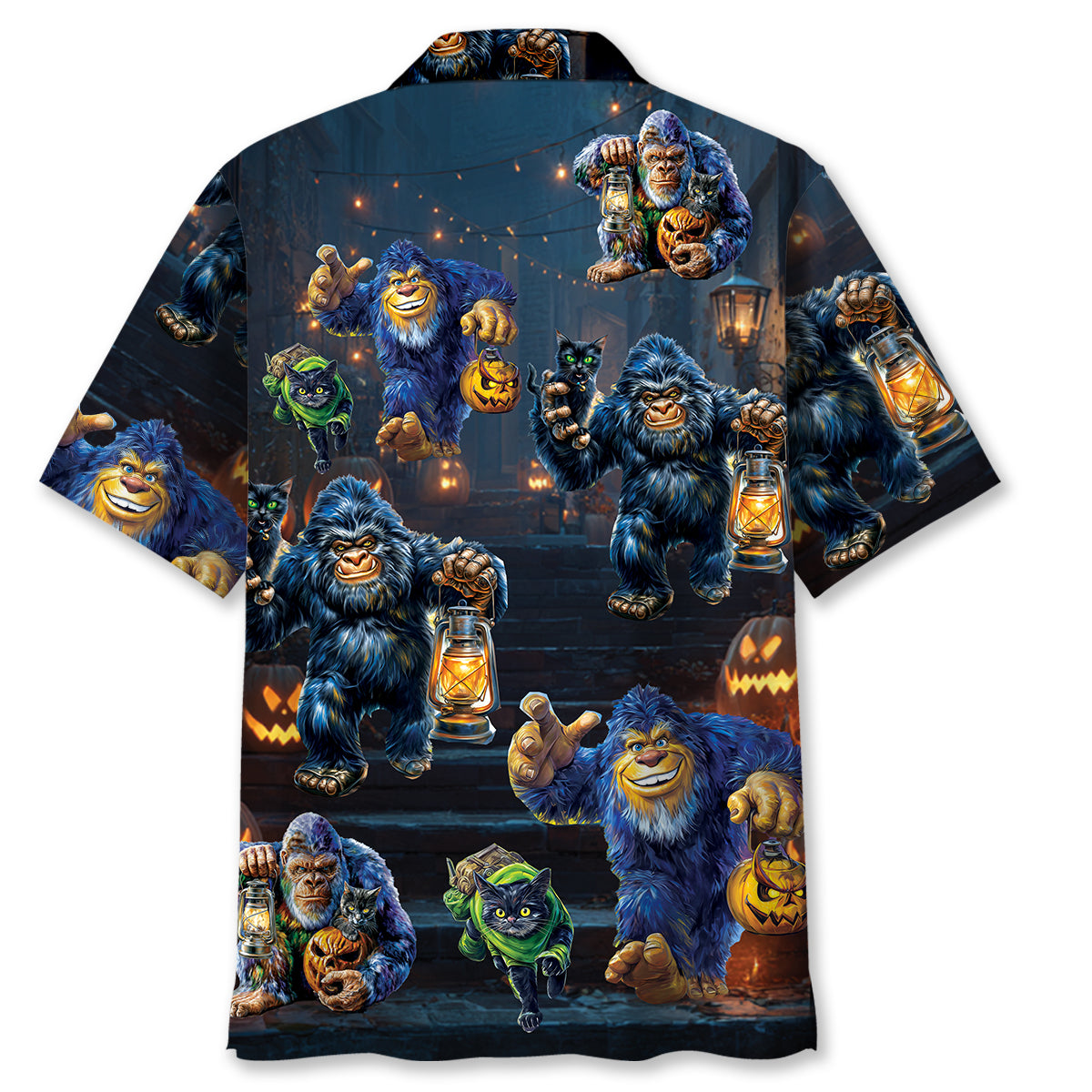 Bigfoot Catching Black Cat Halloween Shirt Close-up of the bigfoot catching black cat Halloween shirt, highlighting the intricate graphics and spooky lanterns.