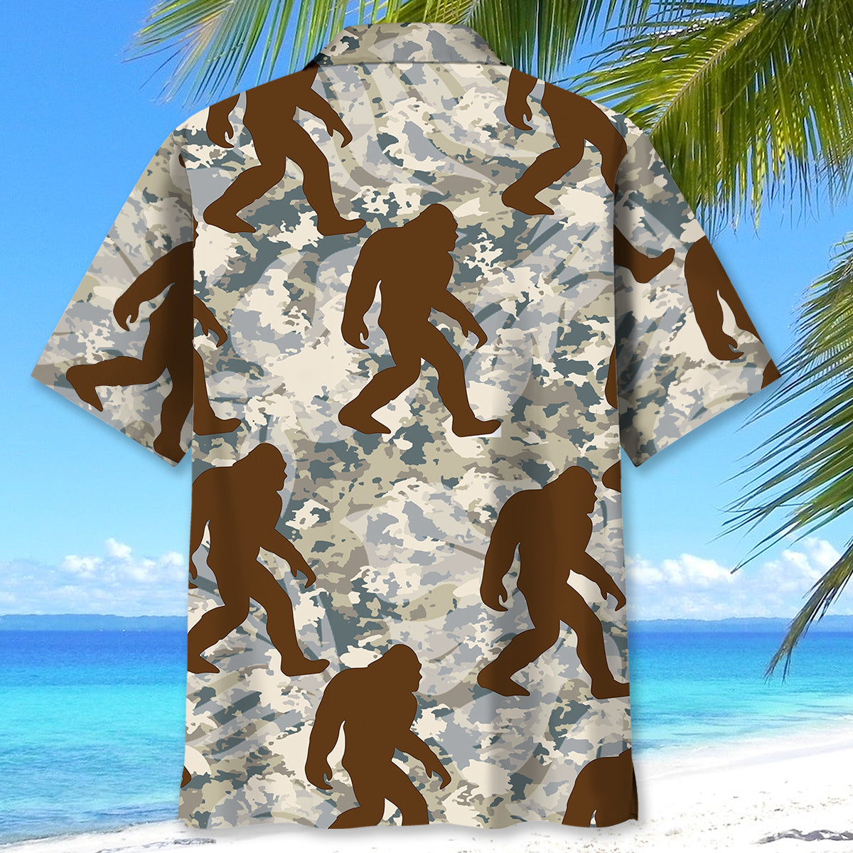 Bigfoot Nature Camouflage Hawaiian Shirt Lifestyle shot of a person wearing the bigfoot nature camouflage Hawaiian shirt outdoors, perfect for summer adventures.