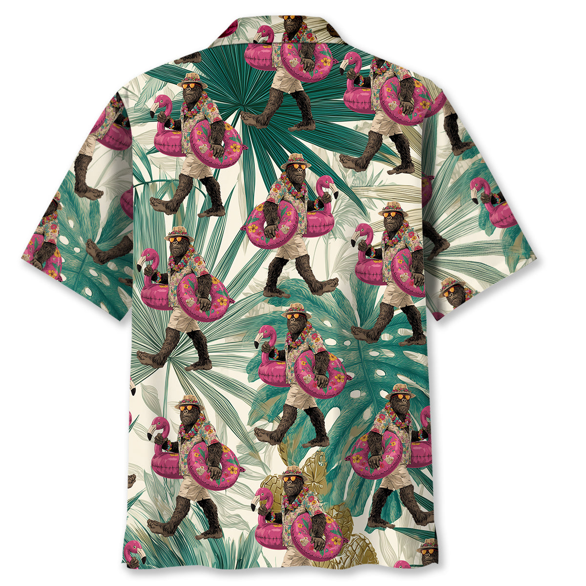 Bigfoot Flamingo Escape Hawaiian Shirt Close-up detail of the Bigfoot Flamingo Escape Hawaiian shirt highlighting the intricate designs and stitching.