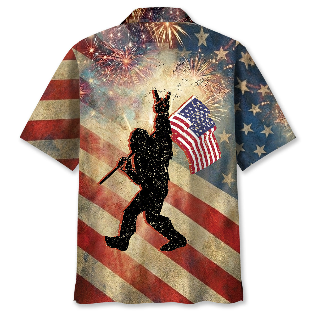 Bigfoot Waving USA Flag Hawaiian Shirt Close-up detail of the Bigfoot waving USA flag Hawaiian shirt, highlighting fabric texture and bold design elements.