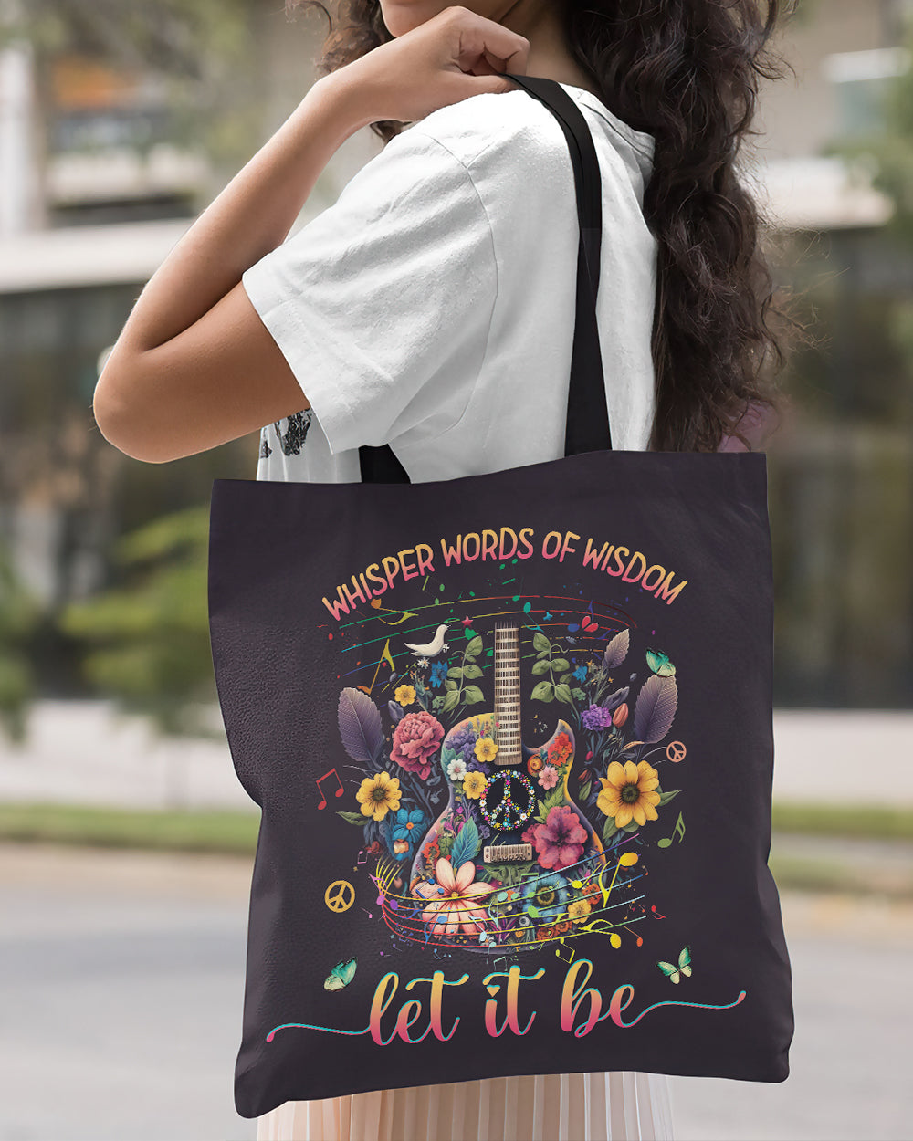 Let It Be Guitar Tote Bag Back view of the let it be guitar tote bag, showcasing its sturdy fabric and vibrant flowers in the design.