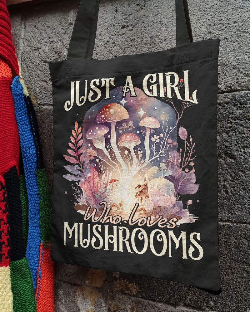Just A Girl Who Loves Mushrooms Tote Bag Close-up of the detailed mushroom graphic on the tote bag, highlighting the vibrant colors and whimsical design.