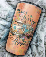 Front view of the Don't Worry Be Hippie tumbler, showcasing vibrant floral designs and a vintage van.