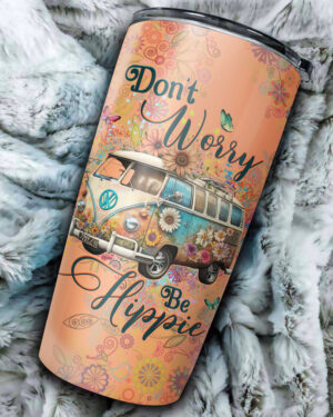 Front view of the Don't Worry Be Hippie tumbler, showcasing vibrant floral designs and a vintage van.