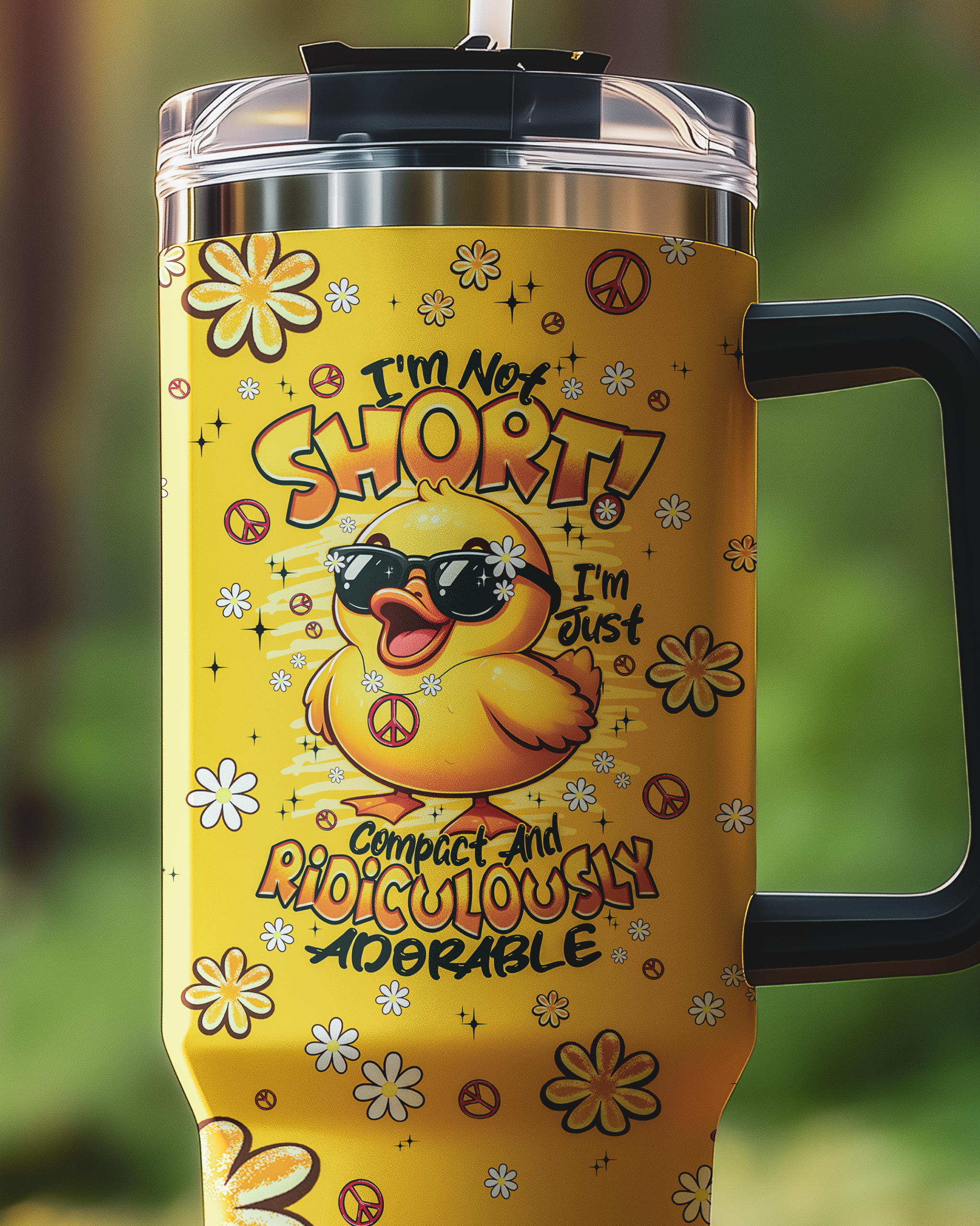 im not short duck hippie tumbler Close-up of the I'M NOT SHORT DUCK HIPPIE TUMBLER, showcasing intricate flower patterns and vibrant colors.