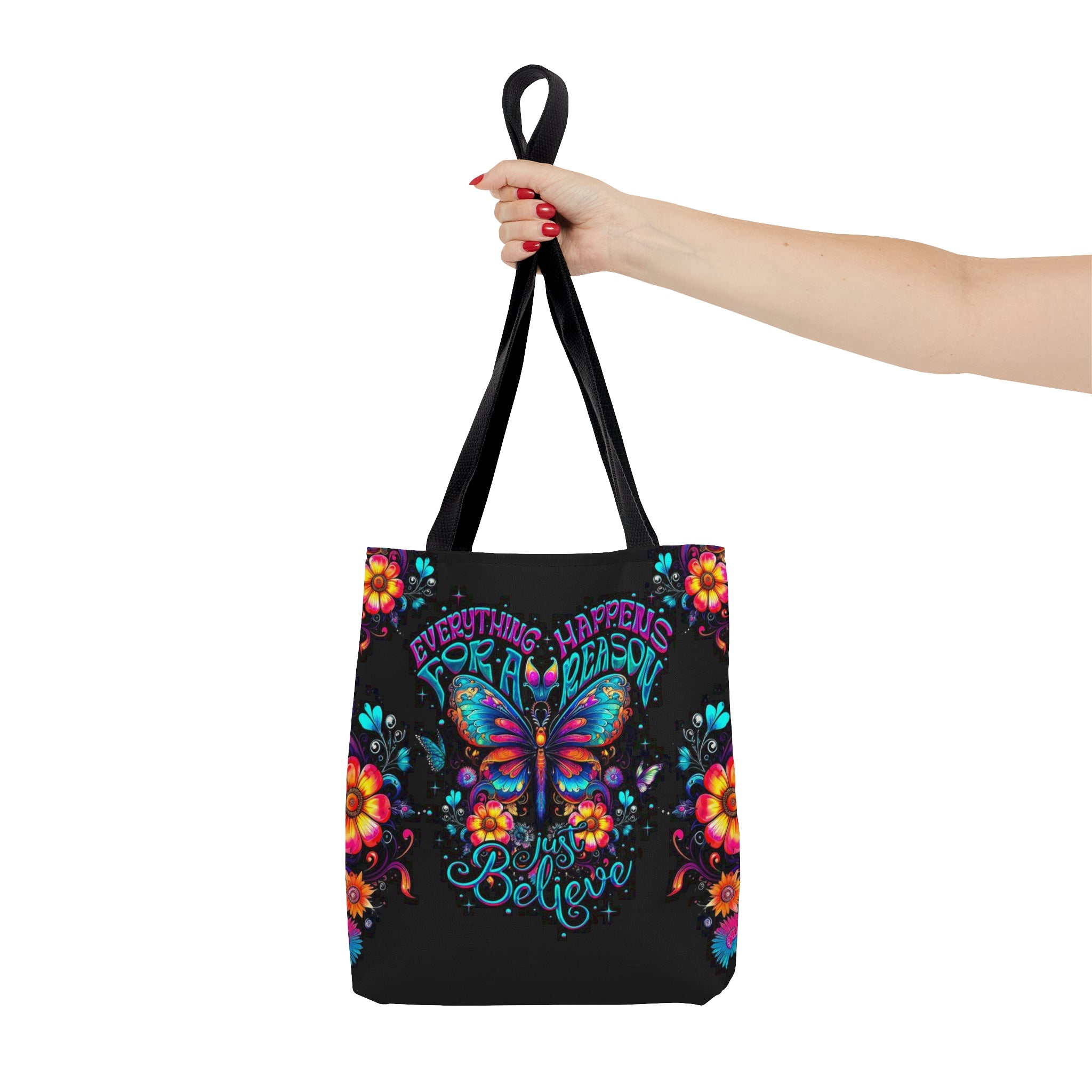 Just Believe Tote Bag | Motivational Floral Design Side angle of the just believe tote bag, displaying the bold colors and unique patterns that stand out.