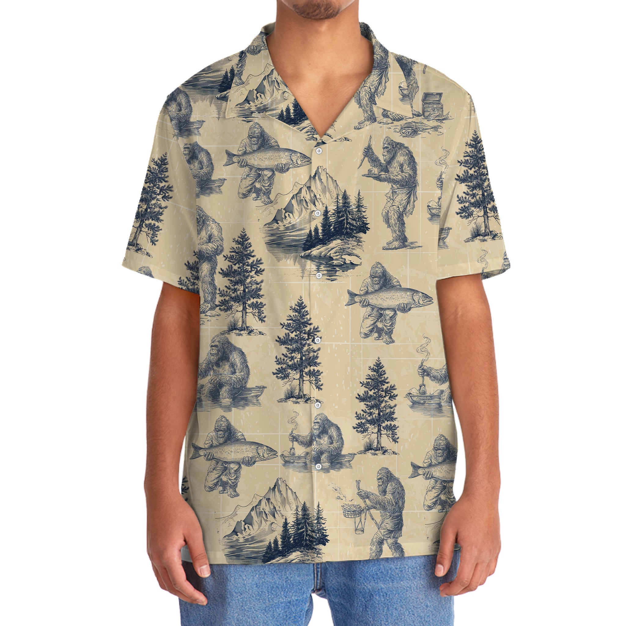 Bigfoot Go Fishing Hawaiian Shirt Side angle of the Bigfoot Go Fishing Hawaiian shirt, displaying the vibrant colors and detailed fishing scenes.