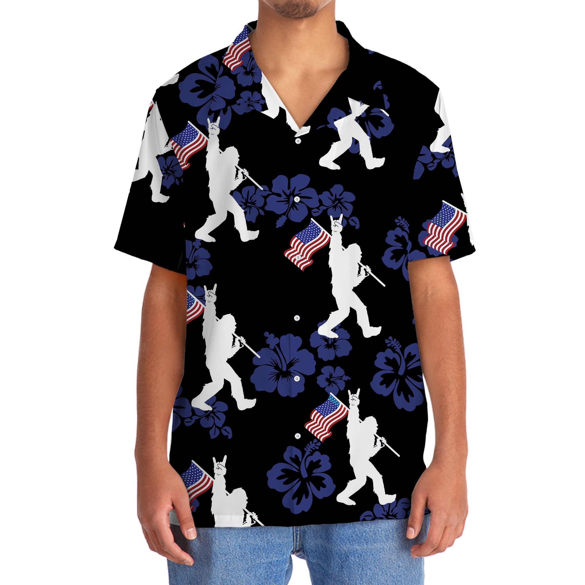 Patriotic Bigfoot USA Flag Hawaiian Shirt Side angle of the patriotic bigfoot USA flag Hawaiian shirt displaying its unique floral and flag motifs in crisp detail.