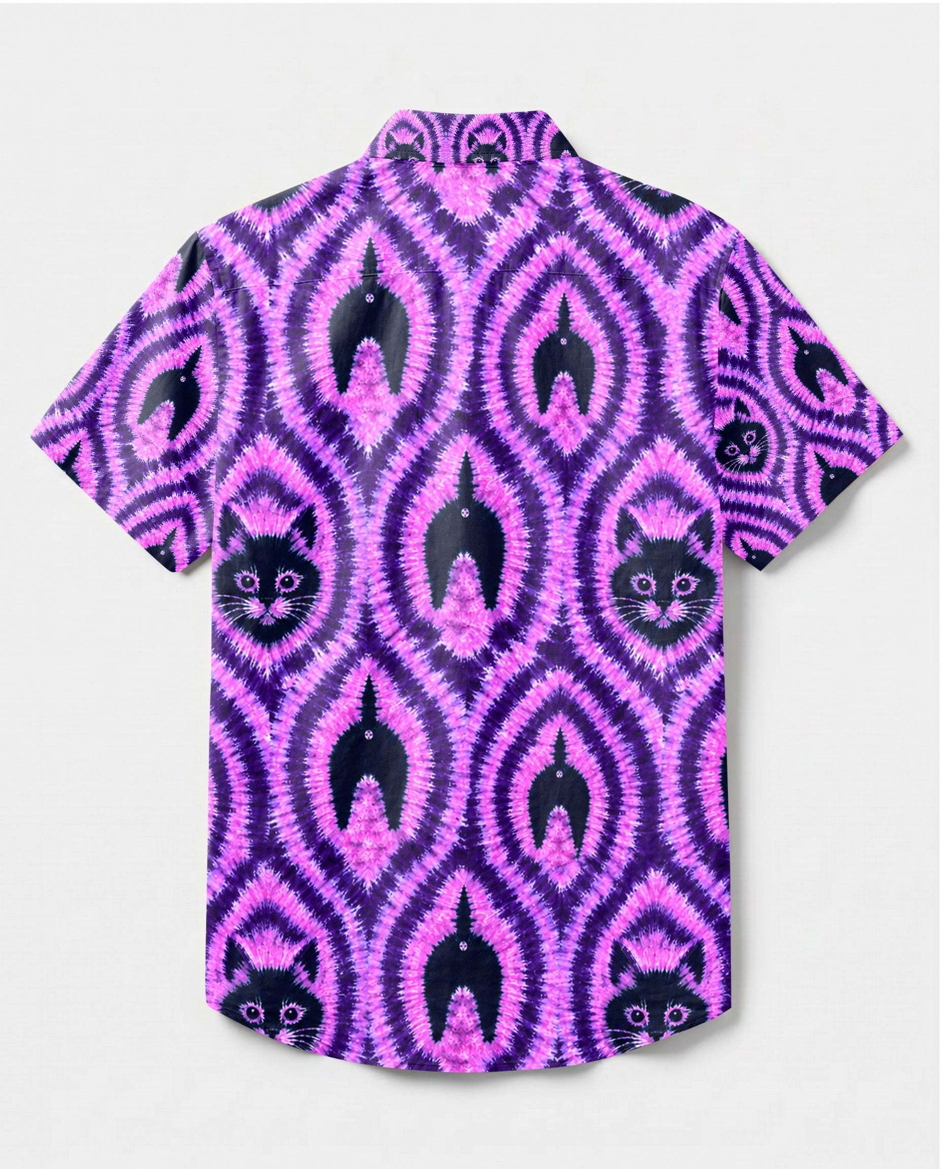 Funny Cat Pattern Button-Down Collar Shirt Back view of a funny cat pattern button-down shirt showcasing its unique purple and black design.