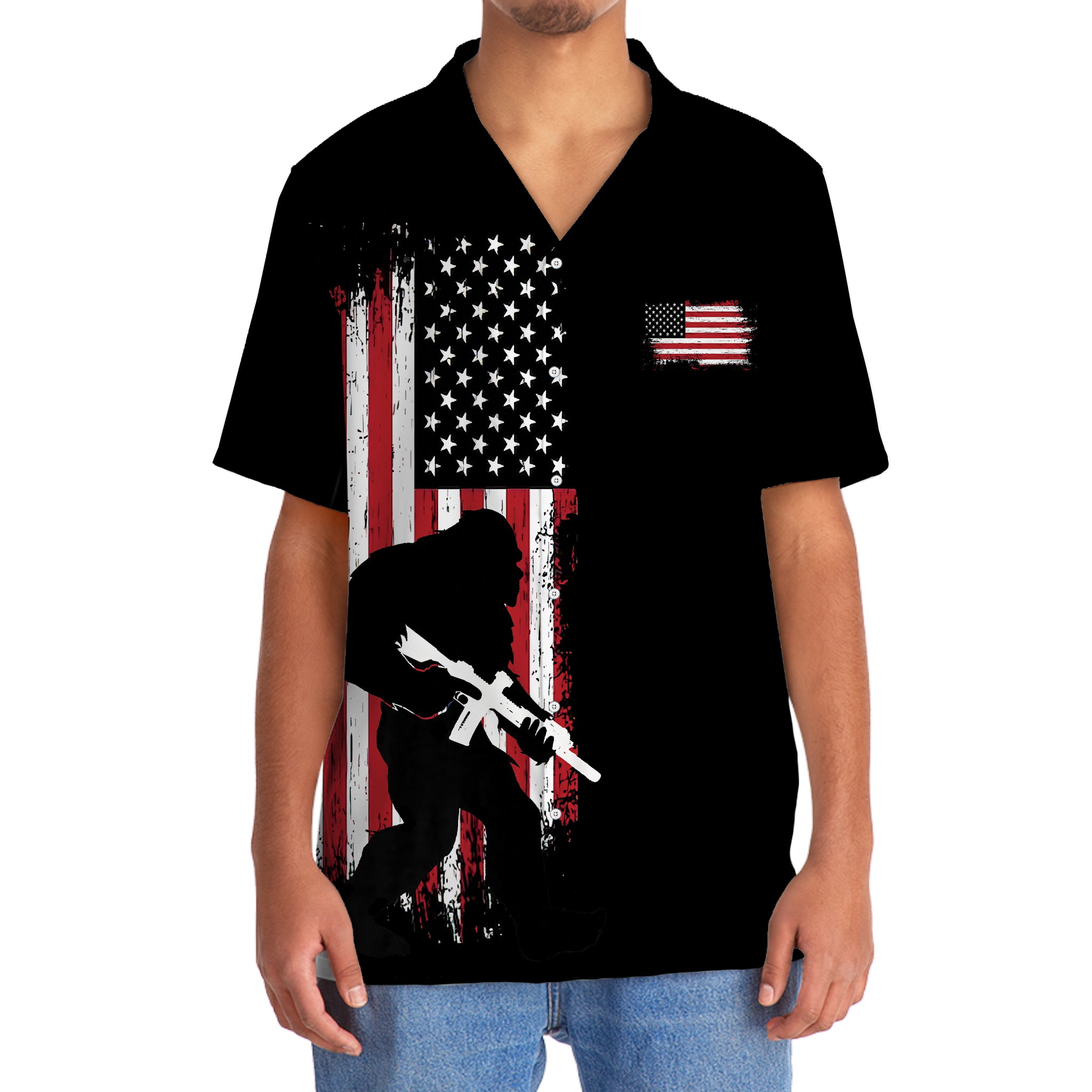Bigfoot Silhouette American Flag Hawaiian Shirt Side view of the bigfoot silhouette American flag Hawaiian shirt, featuring the flag detail on the chest pocket.