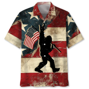 Vintage Bigfoot USA Hawaiian shirt featuring a bold Bigfoot design against a distressed American flag backdrop.