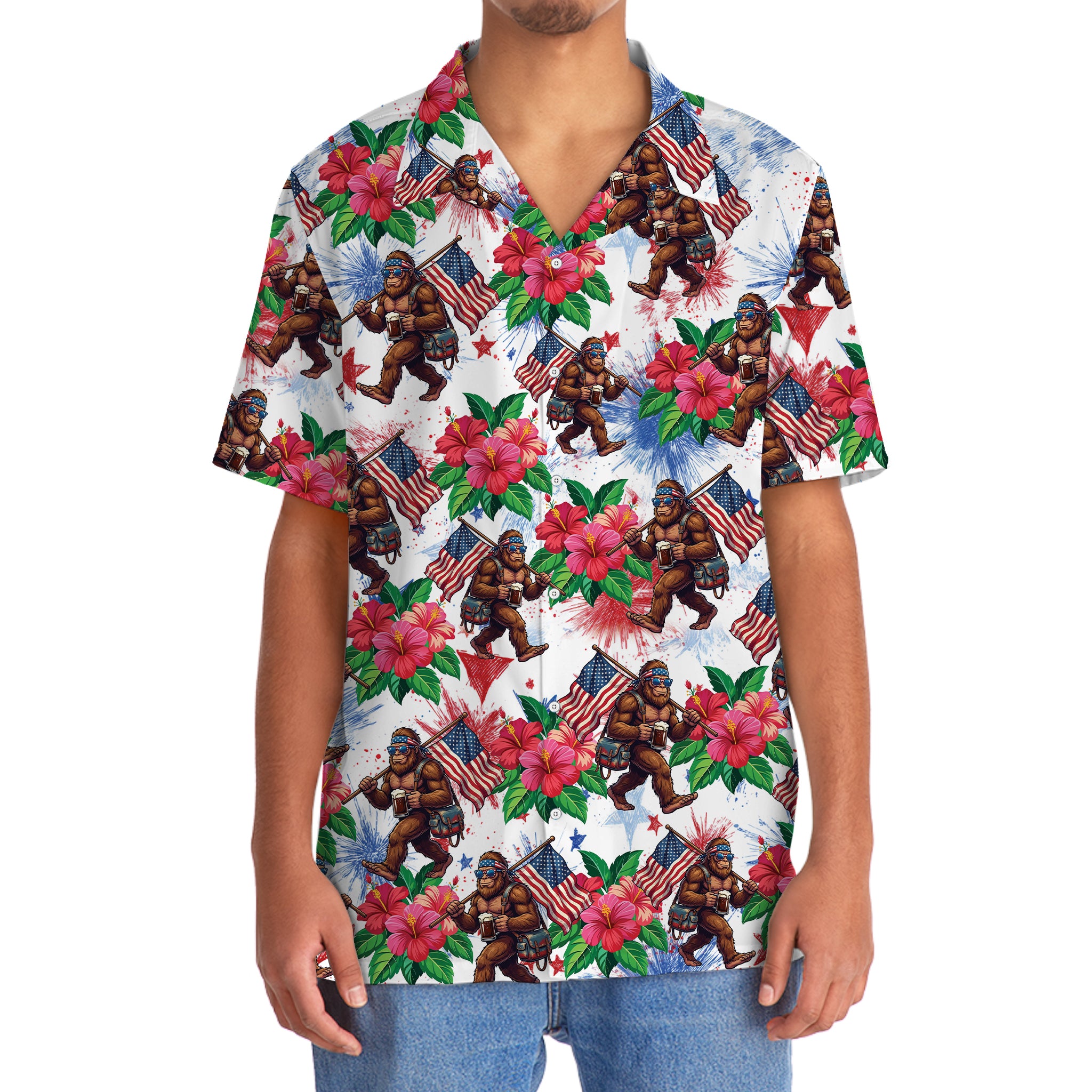 Bigfoot Patriot Tropical Hawaiian Shirt Side angle of the Bigfoot Patriot Tropical Hawaiian Shirt highlighting the bold colors and fun design.