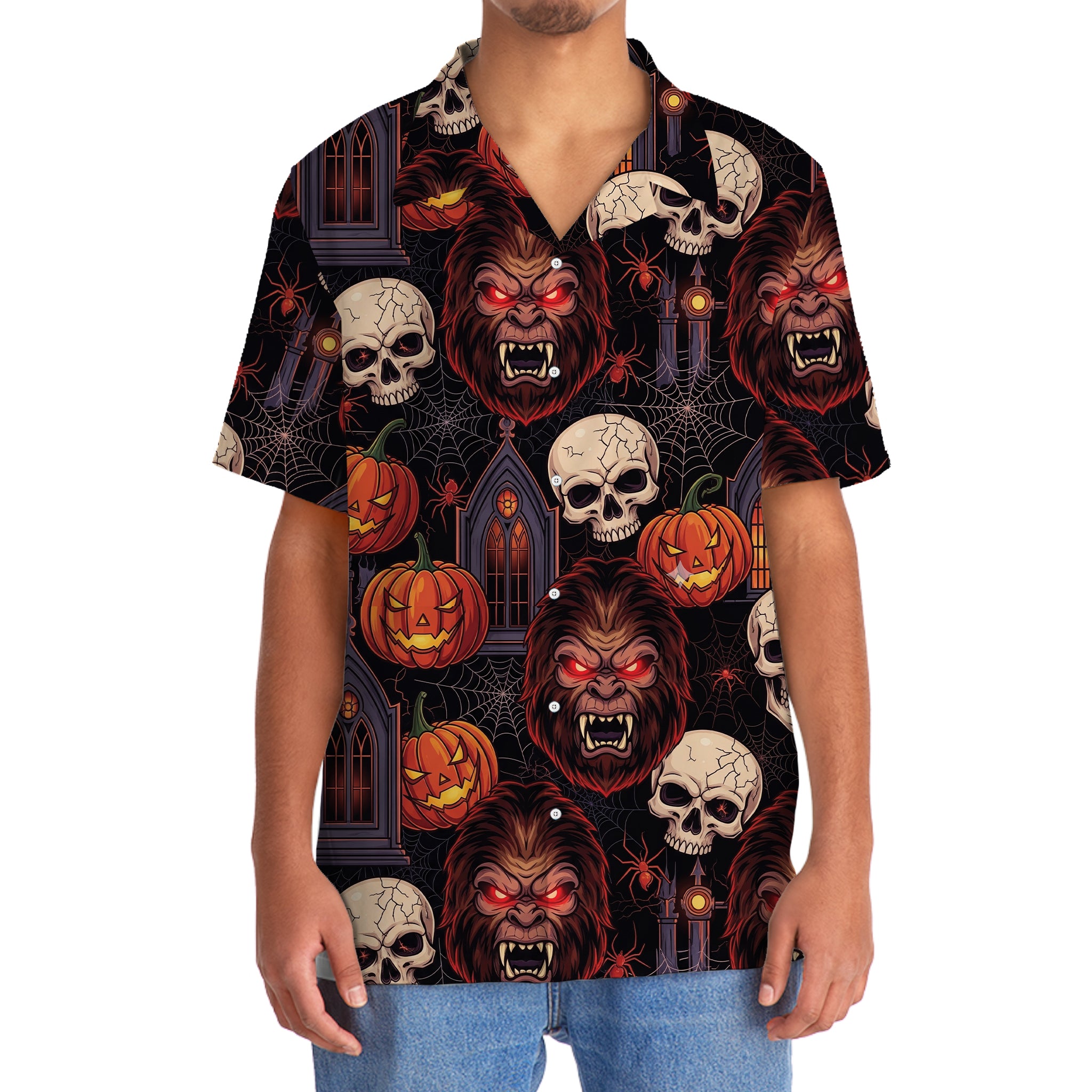 Skull and Sasquatch Horror Mix Hawaiian Shirt Side view emphasizing the relaxed fit of the skull and sasquatch horror mix Hawaiian shirt with spooky motifs.