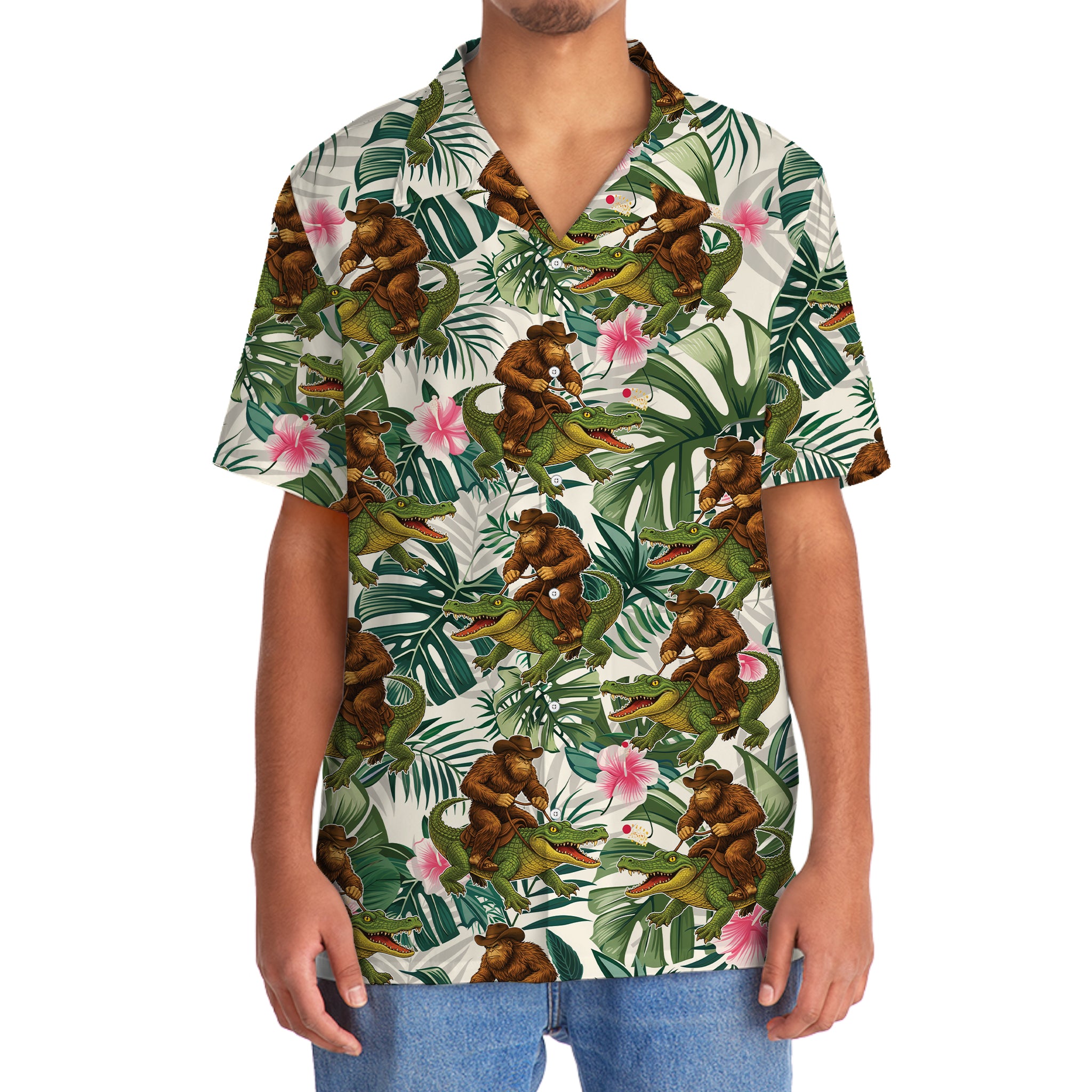 Bigfoot Green Cowboy with Crocodile Tropical Hawaiian Shirt Bigfoot Green Cowboy with Crocodile Tropical Hawaiian Shirt - Image 5