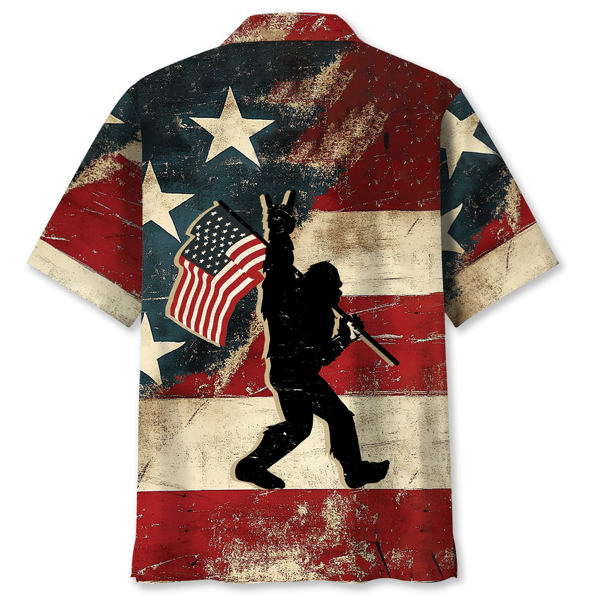 Vintage Bigfoot USA Hawaiian Shirt Back view of the vintage Bigfoot USA Hawaiian shirt showcasing the same iconic flag design with a relaxed fit.