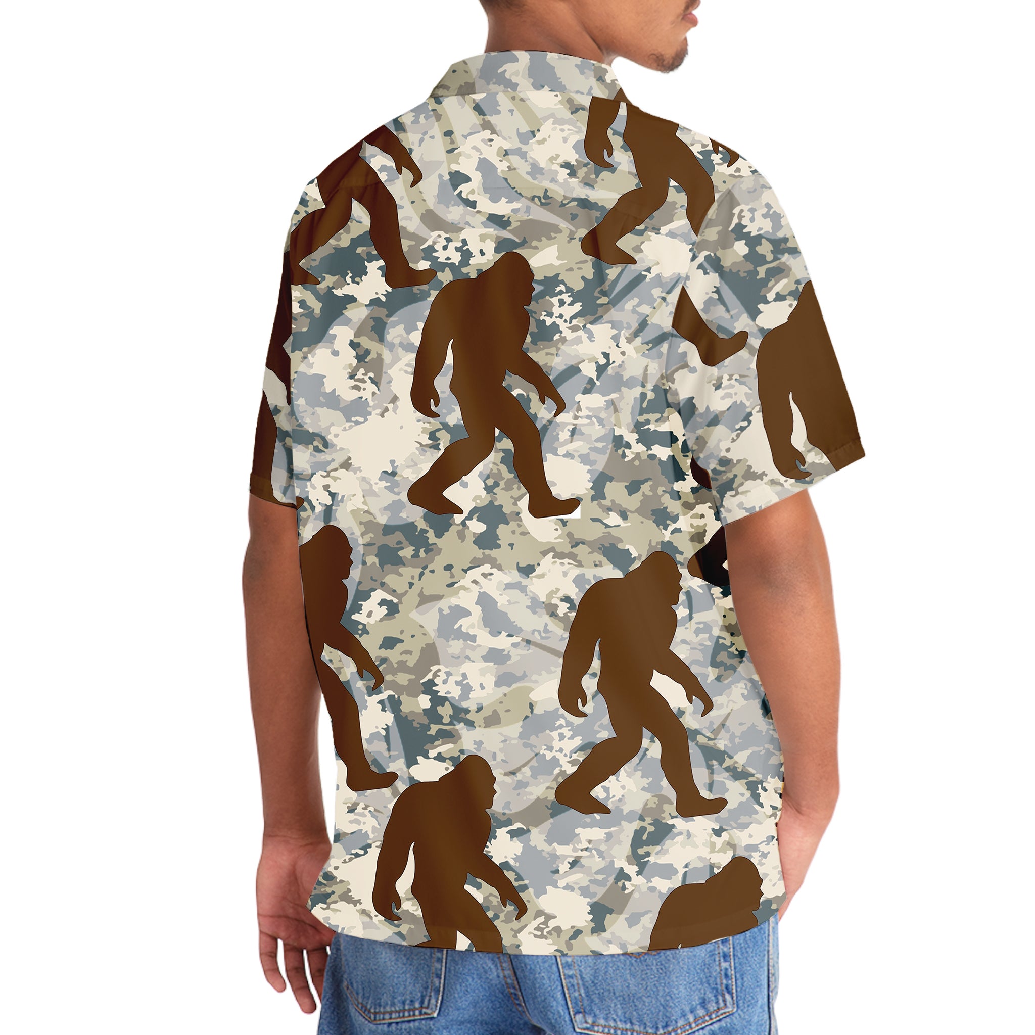 Bigfoot Nature Camouflage Hawaiian Shirt Hanging display of the bigfoot nature camouflage Hawaiian shirt against a natural backdrop, emphasizing its outdoor vibe.